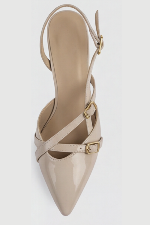  Mary Jane Bej Rugan Çapraz Tokalı Slingback - Sivri Burun Alçak Kare Topuklu Elegant Kadın Ayakkabı