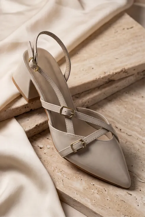  Mary Jane Bej Rugan Çapraz Tokalı Slingback - Sivri Burun Alçak Kare Topuklu Elegant Kadın Ayakkabı