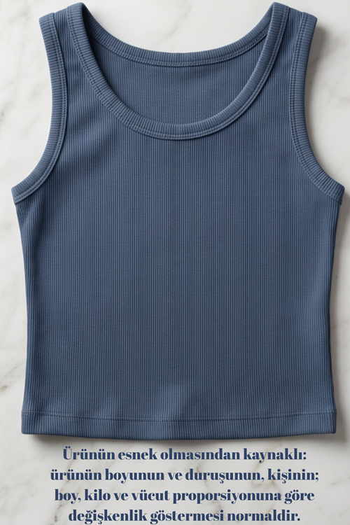 Premium Fitilli Pamuklu Esnek Kumaş Kadın Petrol Mavi Crop Atlet - U Yakalı Spor ve Şık Basic Bluz - Yumuşak Dokulu Slim Fit Yazlık Üst