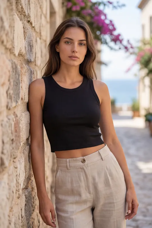 Premium Pamuklu Kumaş Kadın Siyah Crop Atlet - U Yakalı Spor ve Şık Basic Bluz - Slim Fit Yazlık Üst