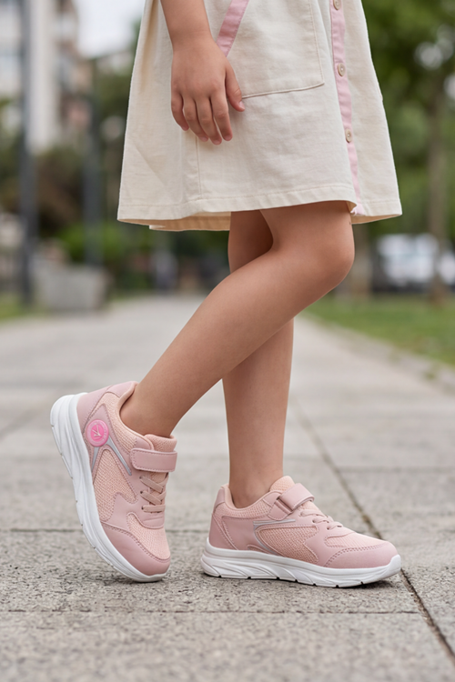 Nefes Alabilir Fileli ve Cırt Cırtlı Ortopedik Tabanlı Hafif Koşu ve Yürüyüş Kız Çocuk Spor Ayakkabısı - Pudra Pembe Comfort Seri