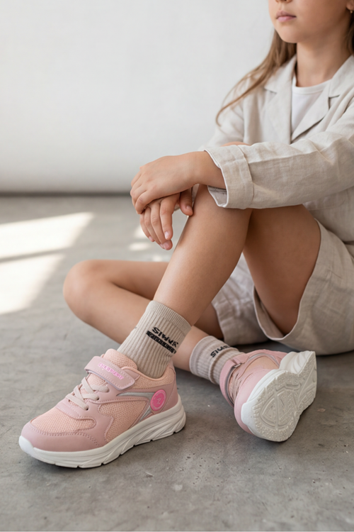 Nefes Alabilir Fileli ve Cırt Cırtlı Ortopedik Tabanlı Hafif Koşu ve Yürüyüş Kız Çocuk Spor Ayakkabısı - Pudra Pembe Comfort Seri