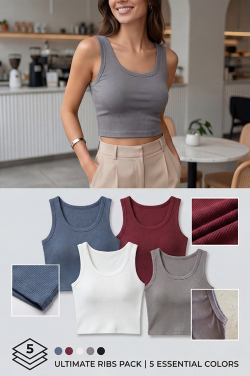 Premium Fitilli Pamuklu Esnek Kumaş Kadın 5'li Crop Set - U Yakalı Spor ve Şık Basic Bluz Seti - Yumuşak Dokulu Slim Fit Yazlık Üst Set