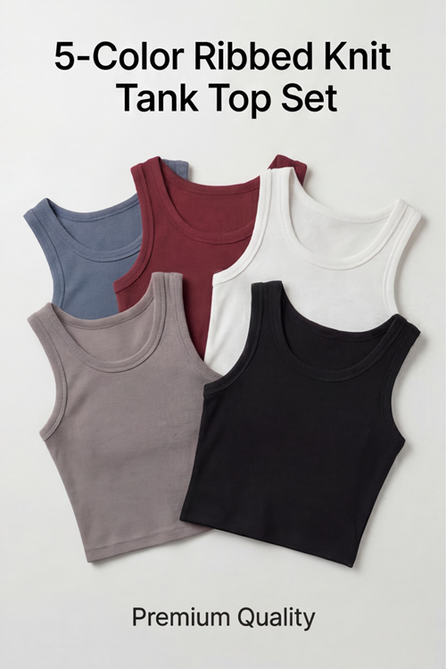 Premium Fitilli Pamuklu Esnek Kumaş Kadın 5'li Crop Set - U Yakalı Spor ve Şık Basic Bluz Seti - Yumuşak Dokulu Slim Fit Yazlık Üst Set
