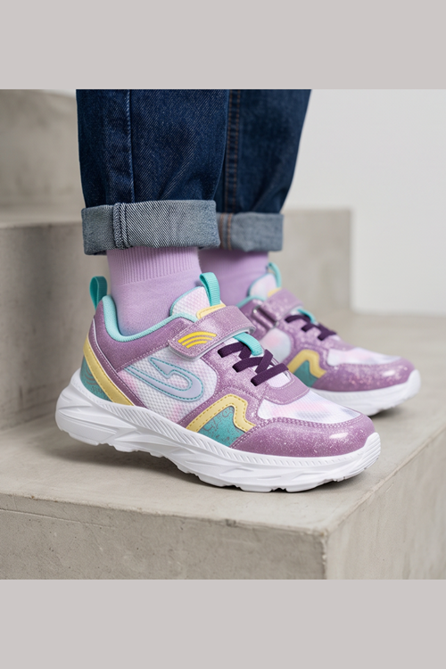 Lila Dream Işıltılı Mor Cırt Cırtlı Hafif ve Esnek Tabanlı Nefes Alabilir Kız Çocuk Spor Ayakkabı Sneaker – Okul ve Günlük Kullanım İçin Ortopedik Destekli Yürüyüş Ayakkabısı