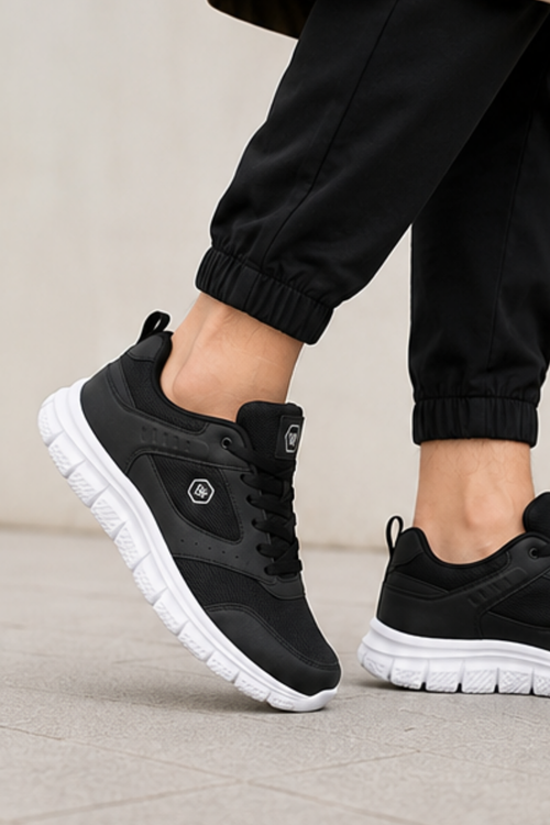 PureWalk Unisex Siyah Beyaz KalınTabanlı Spor Ayakkabı - Hafif Esnek Günlük Yürüyüş Sneaker Rahat Koşu ve Şehir Ayakkabısı