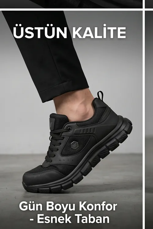 PureWalk Unisex Siyah Kalın Tabanlı Spor Ayakkabı - Hafif Esnek Günlük Yürüyüş Sneaker Rahat Koşu ve Şehir Ayakkabısı