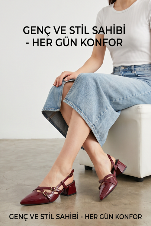  Mary Jane Bordo Rugan Çapraz Tokalı Slingback - Sivri Burun Alçak Kare Topuklu Elegant Kadın Ayakkabı
