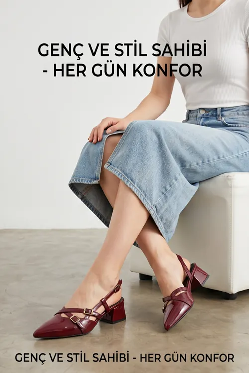  Mary Jane Bordo Rugan Çapraz Tokalı Slingback - Sivri Burun Alçak Kare Topuklu Elegant Kadın Ayakkabı