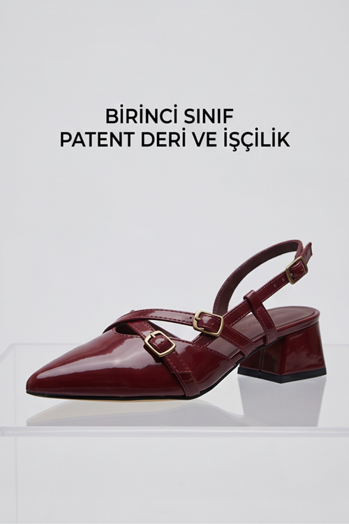  Mary Jane Bordo Rugan Çapraz Tokalı Slingback - Sivri Burun Alçak Kare Topuklu Elegant Kadın Ayakkabı