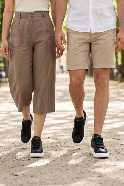LiaQuenn - Rahat ve Hafif Yüksek Tabanlı Yürüyüş Günlük Spor Giy Çık Unisex Siyah-Beyaz Sneaker Ayakkabı