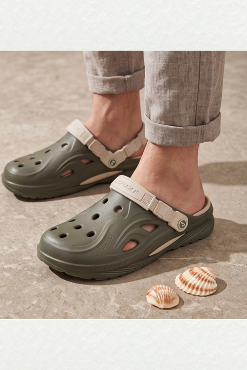 Terra Strata: Erkek Çift Tabanlı Haki - Bej Comfort Clog Erkek Terlik - Tokalı Arka Bantlı Spor Sandalet, Havuz, Plaj ve Günlük Doğa Yürüyüşü Anatomik Terliği