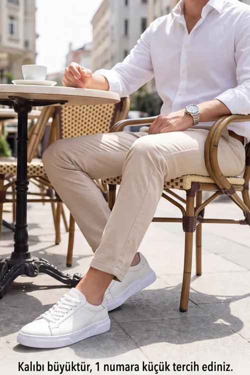 Prestige Sneaker – Hakiki Deri Beyaz Erkek Sneaker, Ergonomik Kalın ve Yumuşak Tabanlı Bağcıklı Günlük Ayakkabı