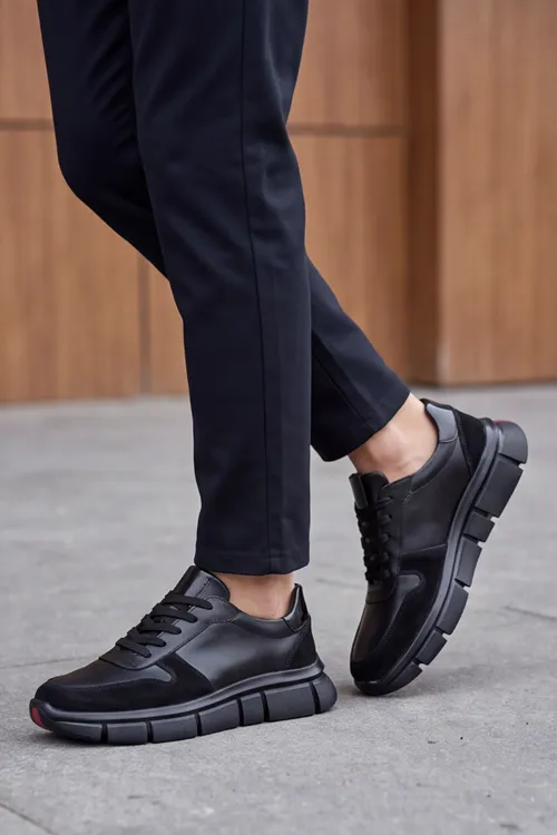 MonolithDuo - Hakiki Deri Kalın Segment Tabanlı Bağcıklı Erkek Sneaker Ayakkabı, Parlatılmış Deri Detaylı Konforlu Daily Casual Klasik Ayakkabı