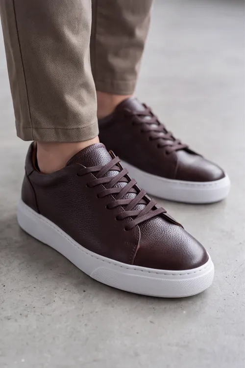 Asterio %100 Hakiki Deri Sararmayan Faylon Taban Sneaker Klasik Kahverengi Beyaz Ayakkabı