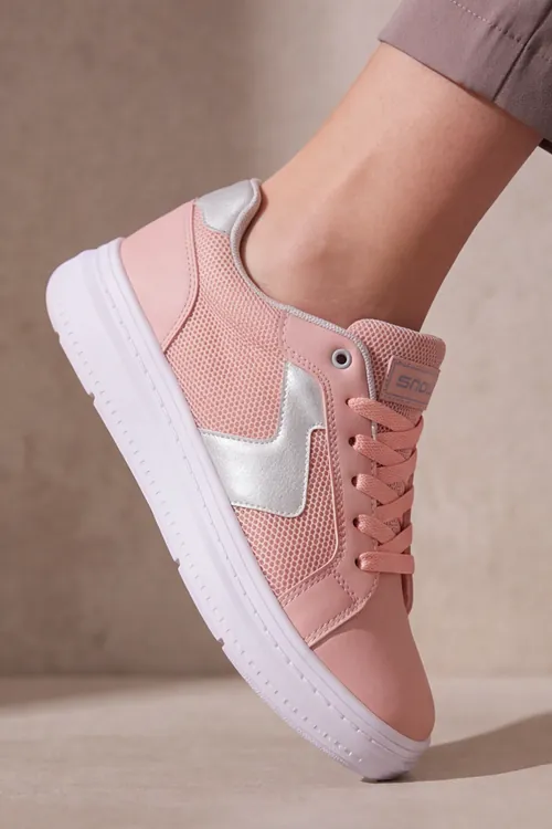 Pudra Kadın Sneaker Kalın Taban Bağcıklı Rahat Günlük Yürüyüş Spor Ayakkabı