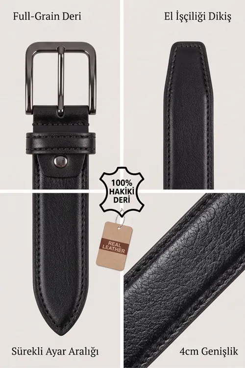 LeatherBelt - %100 Hakiki Deri Dikiş Detaylı Erkek Kemer 4 cm En
