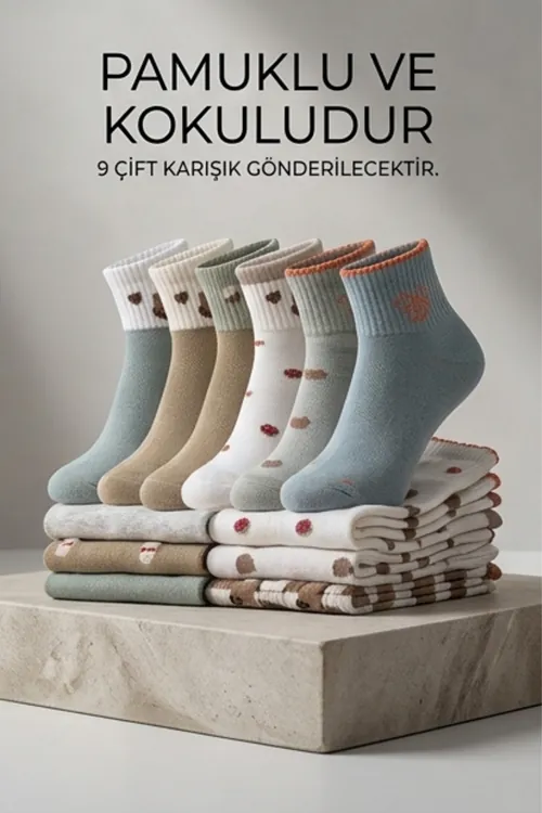 Desenli 9 Çift Özel Yıkanmış Parfümlü Pamuklu Bilek Boy Unisex Çorap Seti