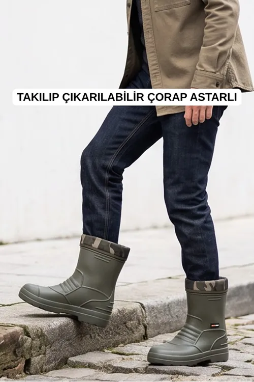 RainGuard Takılıp Çıkarılabilir Çorap Astarlı Kamuflaj Detaylı Kısa Yağmur Çizmesi