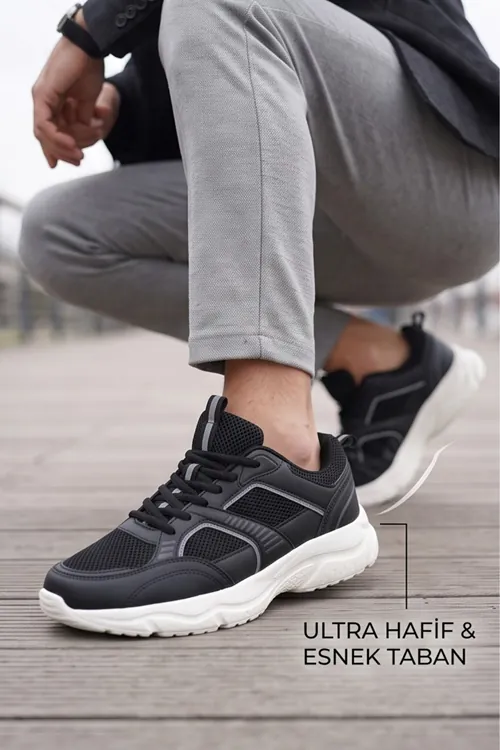 Siyah Beyaz Air Taban Erkek Yürüyüş Koşu Spor Ayakkabı - File Detaylı Rahat Günlük Sneaker