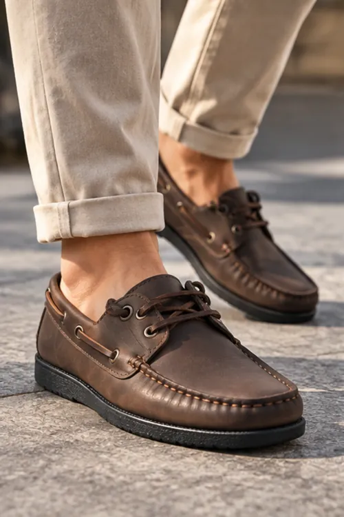 Nautical Hakiki Deri Kahverengi Siyah Kauçuk Taban Boat Shoe Loafer Makosen Casual Ayakkabı