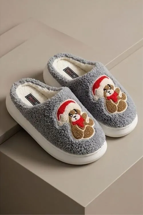 Unisex Ultra Hafif Yumuşak Peluş Kaymaz Taban Anne Çocuk Misafir Ayıcık Desenli Ev Terliği 5808