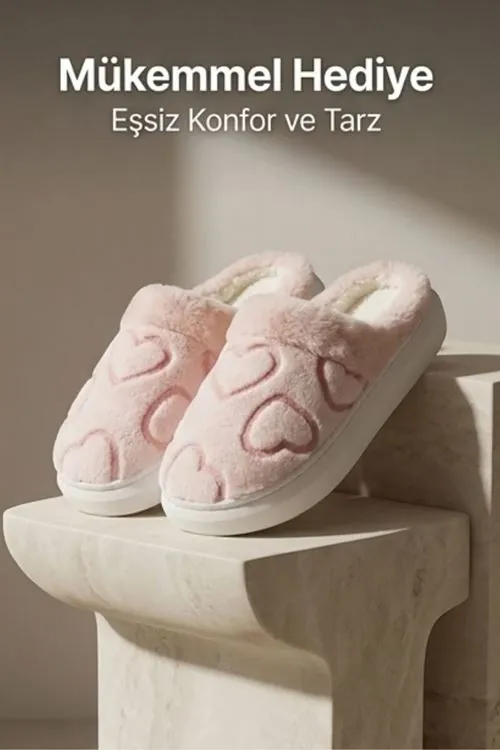 Unisex Ultra Hafif Yumuşak Peluş Kaymaz Taban Anne Çocuk Misafir Pembe Kalp Desenli Ev Terliği 5808