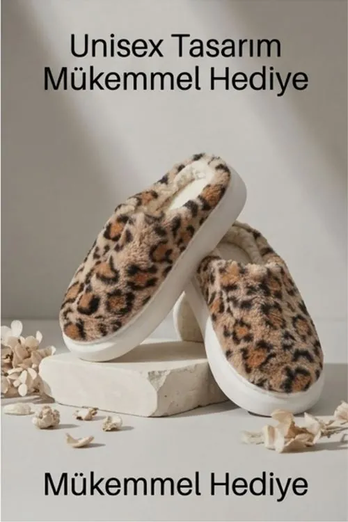 Unisex Hafif ve Yumuşak Peluş Kaymaz Taban Anne Çocuk Misafir Leopar Desenli Ev Terliği 5808