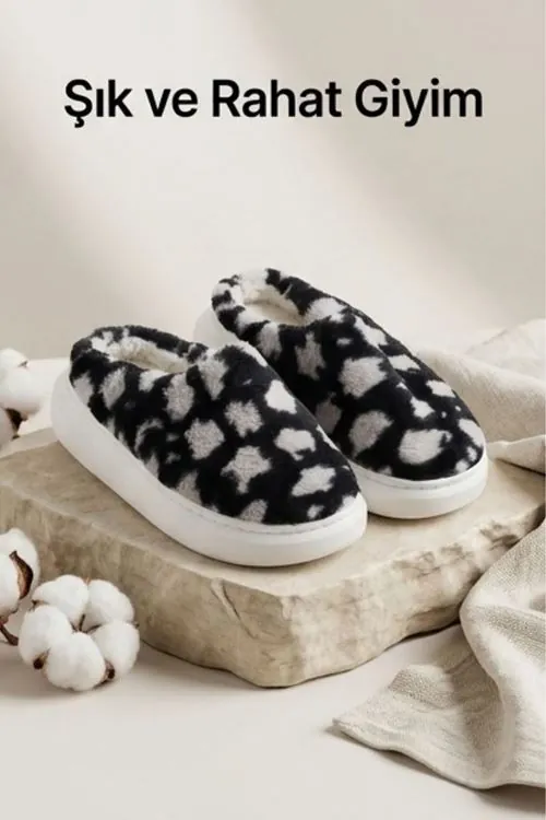 Hafif ve Yumuşak Peluş Kaymaz Taban Anne Çocuk Misafir Siyah Leopar Desen Ev Terliği 5808