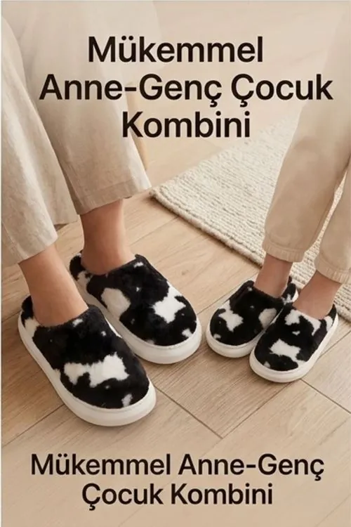 Hafif ve Yumuşak Peluş Kaymaz Taban Anne Çocuk Misafir İnek Desen Cow Print Ev Terliği 5808