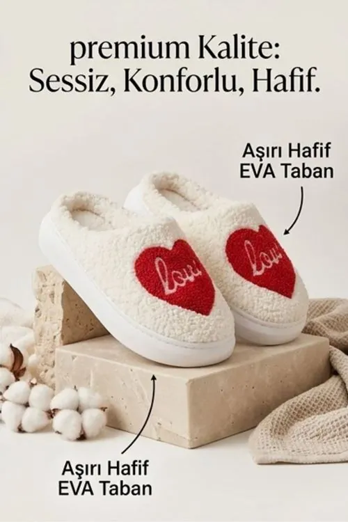 Hafif ve Yumuşak Peluş Kaymaz Taban Anne Çocuk Misafir Kalp Love Yazılı Ev Terliği 5808