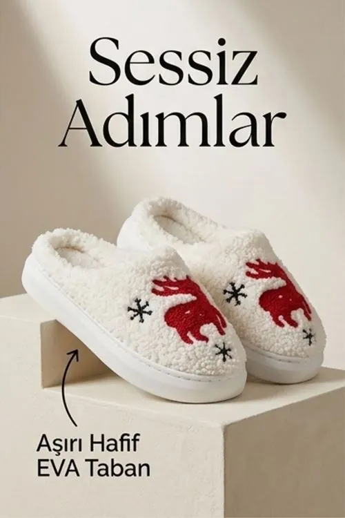 Hafif ve Yumuşak Peluş Kaymaz Taban Anne Çocuk Misafir Noel Geyik Yılbaşı Temalı Ekru Ev Terliği 5808