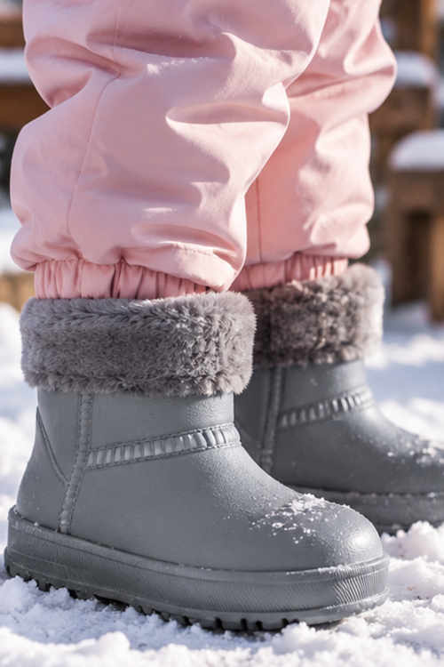 SnowWarm Eva Çocuk Su Geçirmez İçi Kürklü Kar Botu – Sıcak Tutan Kaymaz Taban Gri Kışlık Yağmur Çizmesi 3305