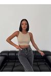 Solmayan Crop Top Esnek Fitilli Halter Yaka Atlet Slim Fit Bej