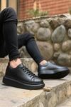 Siyah Deri Bağcıklı Yüksek Tabanlı Erkek Sneaker