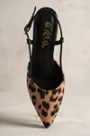 Leopar Desenli Sivri Burun Alçak Kare Topuklu Elegant Slingback Ayakkabı - Premium Kumaş Dokulu Arkası Açık Tasarım Ayakkabı