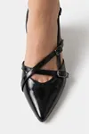 Mary Jane Siyah Rugan Çapraz Tokalı Slingback - Sivri Burun Alçak Kare Topuklu Elegant Kadın Ayakkabı