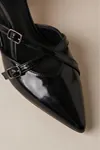  Mary Jane Siyah Rugan Çapraz Tokalı Slingback - Sivri Burun Alçak Kare Topuklu Elegant Kadın Ayakkabı