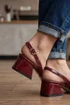  Mary Jane Bordo Rugan Çapraz Tokalı Slingback - Sivri Burun Alçak Kare Topuklu Elegant Kadın Ayakkabı