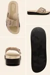 Soft-Step Ortopedik Comfort Bej Deri Görünümlü Toka Detaylı ve Hafif Dolgu Tabanlı Kadın Günlük Terlik Ev ve Dış Mekan Terliği