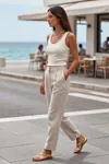 Premium Fitilli Pamuklu Esnek Kumaş Ekru Kadın Crop Atlet - U Yakalı Spor ve Şık Basic Bluz - Yumuşak Dokulu Slim Fit Yazlık Üst