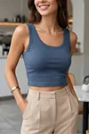 Premium Fitilli Pamuklu Esnek Kumaş Kadın Petrol Mavi Crop Atlet - U Yakalı Spor ve Şık Basic Bluz - Yumuşak Dokulu Slim Fit Yazlık Üst