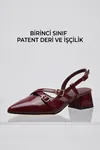  Mary Jane Bordo Rugan Çapraz Tokalı Slingback - Sivri Burun Alçak Kare Topuklu Elegant Kadın Ayakkabı