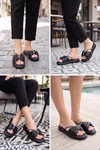 Glimmer Slipper Fiyonklu Taşlı Kadın Terlik - Büzgülü Yastık Tabanlı Hafif Günlük Yazlık Siyah Kadın Terlik