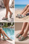 Glimmer Slipper Fiyonklu Taşlı Kadın Terlik - Büzgülü Yastık Tabanlı Hafif Günlük Yazlık Su Yeşil Kadın Terlik