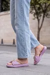 Glimmer Slipper Fiyonklu Taşlı Kadın Terlik - Büzgülü Yastık Tabanlı Hafif Günlük Yazlık Lila Kadın Terlik