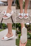 Glimmer Slipper Fiyonklu Taşlı Kadın Terlik - Büzgülü Yastık Tabanlı Hafif Günlük Yazlık Beyaz Kadın Terlik