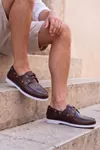 Marin Boat Shoe, %100 Hakiki Deri Kahverengi Kauçuk Sararmaz Taban Erkek Boat Shoe Mokasen Laofer Casual Ayakkabı