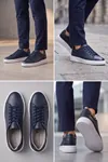 Asterio %100 Hakiki Deri Sararmayan Faylon Taban Sneaker Klasik Lacivert Beyaz Ayakkabı