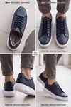 Asterio %100 Hakiki Deri Sararmayan Faylon Taban Sneaker Klasik Lacivert Beyaz Ayakkabı